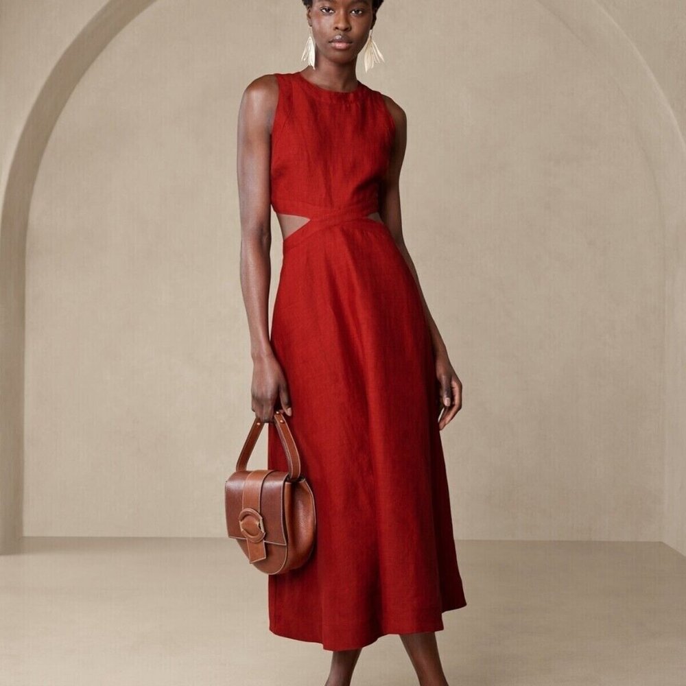Banana Republic Lina Linen Cutout Dress in Red Embers, Size 12